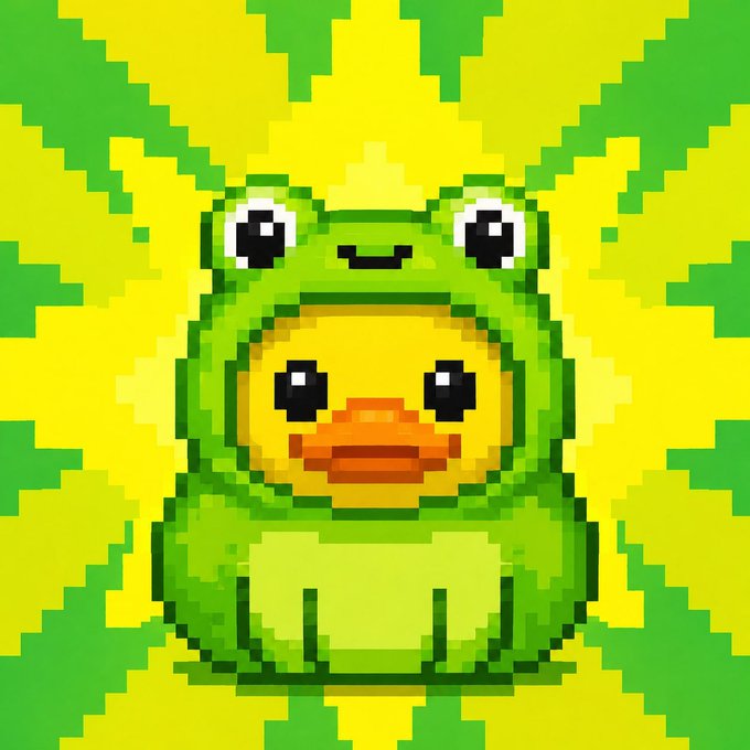 Pixel art of a cute character with a frog hat on a yellow and green starburst background.