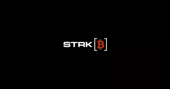 A minimalist logo design on a black background displaying the text 'STARK' next to an orange Bitcoin symbol '[₿]'.