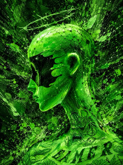 A vibrant green digital artwork depicts a stylized profile of a bald head with paint dripping down its face, adorned with a thorny crown, splatter effects, and Japanese kanji tattoos on the neck, with the word 'EINER' visible at the bottom.