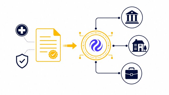 An infographic depicting document processing with health and security icons feeding into a circular node that connects to icons of a bank, house, and briefcase, suggesting data routing to various institutions.