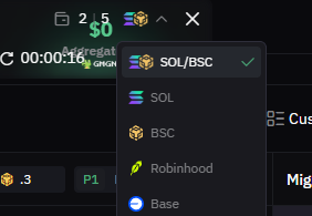 A close-up screenshot of a cryptocurrency wallet interface showing a network selection menu with options for SOL/BSC (selected), SOL, BSC, Robinhood, and Base.