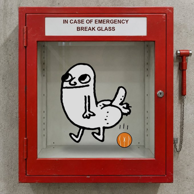 A red emergency 'IN CASE OF EMERGENCY BREAK GLASS' box containing a cartoon drawing of a whimsical character with a mustache next to an orange object.