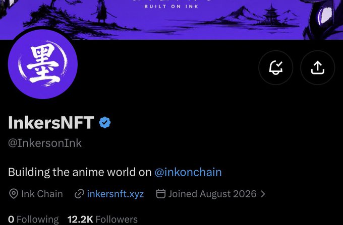 A Twitter/X profile for 'InkersNFT' (@InkersonInk) with the bio 'Building the anime world on @inkonchain', showing 12.2K followers and joined August 2026.