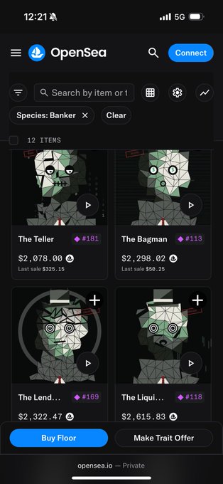 A screenshot of the OpenSea marketplace displaying CryptoPunks filtered by the "Banker" attribute, showing listings including "The Teller" (#181) at $2,078, "The Bagman" (#113) at $2,298.02, "The Lender" (#169) at $2,322.47, and "The Liqui..." (#118) at $2,615.83. The image supports the post's claim about Banker punks being sold, as all visible listings are priced in the $2,000-$2,600 range—well below the poster's projected 5-10 ETH target.