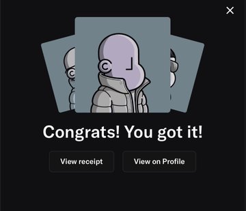 A Steam-style 'Congrats! You got it!' notification screen displays a 3D cartoon character item with 'View receipt' and 'View on Profile' buttons.