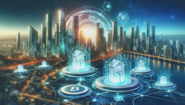 A futuristic cityscape featuring glowing holographic houses, a Bitcoin logo, and interconnected digital networks, symbolizing blockchain real estate and cryptocurrency integration in urban environments.