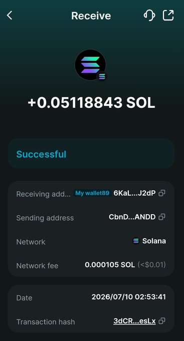 A screenshot of a successful Solana cryptocurrency transaction showing a receive of +0.05118843 SOL, dated 2026/07/10 02:53:41, with a network fee of 0.000105 SOL.