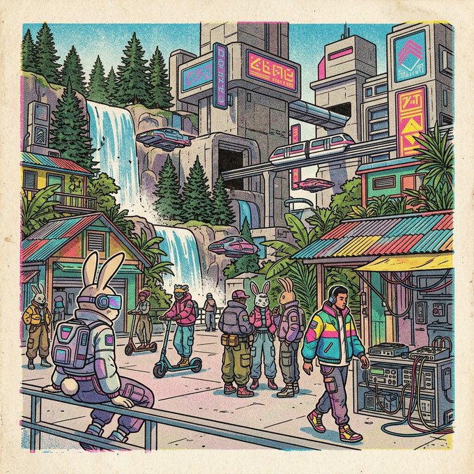 A colorful retro-futuristic illustration depicts a vibrant city with tall buildings, flying cars, a monorail, waterfalls, and anthropomorphic rabbit-eared characters mingling with humans.