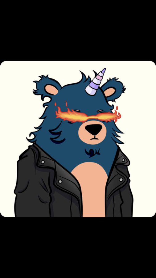 A digital drawing of a blue bear-like character with a unicorn horn, wearing a black leather jacket and sporting flames where its eyes should be.