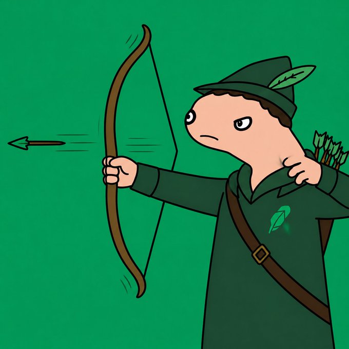 A cartoon illustration of a stern-faced Robin Hood-like character in green shooting an arrow from a wooden bow against a green background.