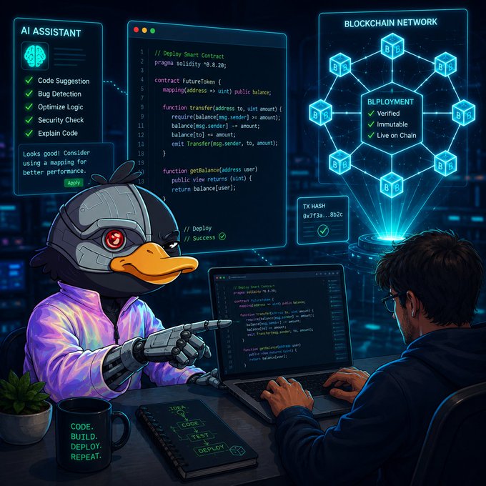 A cyberpunk-themed digital illustration showing a robotic duck-headed character helping a developer deploy a smart contract, with on-screen code for a Solidity 'FutureToken' contract and AI assistant suggestions including 'Code Suggestion', 'Bug Detection', and 'Optimize Logic'.