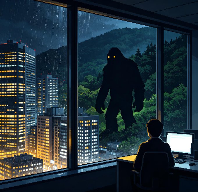A digital illustration depicting a person sitting at a computer desk in a high-rise apartment, looking out the window at a giant shadowy monster with glowing yellow eyes towering over a rainy cityscape.