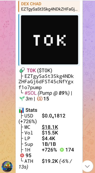 The image shows a screenshot of a phone screen with a message posted on it. The title "TOG" appears at the top, followed by three lines that say, "TOG", "#memecoin", and "#solana". There is also information about how much money was gained or lost from an online trading activity. The background color of the image features both pink and purple colors.