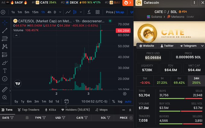 A Dexscreener chart shows CATE/SOL on the 1-hour timeframe with a market cap of $64.26M, up 405.80K (-0.63%), alongside a CATEcoin info panel displaying a current price of $0.06684 and a 24-hour gain of 250%, which corroborates the post's claim that CATE has surged 75% to reach a $65M market cap.