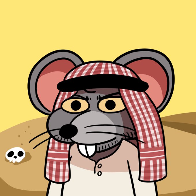 A cartoon illustration of a gray mouse wearing a red and white checkered keffiyeh-style headscarf with a black agal, set against a yellow background with a small white skull in the sand.