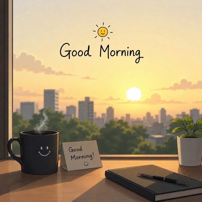 An illustrated 'Good Morning' scene featuring a window view of a sunrise over a city skyline, with a smiling black coffee mug, a 'Good Morning!' note, a small potted plant, and a black notebook with a pen on the windowsill.