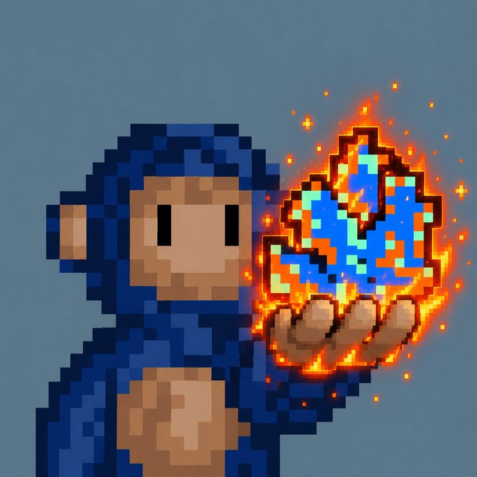 Pixel art of Mega Man from the classic video game series, holding a glowing blue and orange energy ball in his outstretched hand.