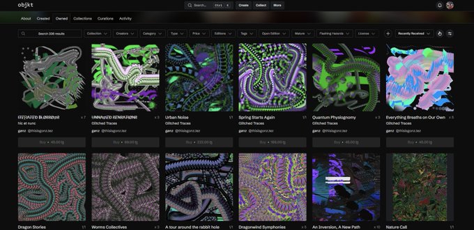 The image shows a screenshot of the objkt.com NFT marketplace with a grid of generative digital art thumbnails featuring colorful, intricate geometric and psychedelic patterns in green, purple, and pink hues, including titles like "FRACTURED B.SHRINE," "I UNHINGED REMAINS," "Urban Noise," "Spring Starts Again," "Quantum Physiognomy," and "Everything Breathes on Our Own." The layout supports the post's reference to "a new generation of traces," as the displayed artworks appear to be freshly minted generative art pieces available for purchase, with "Buy" buttons visible beneath each listing.