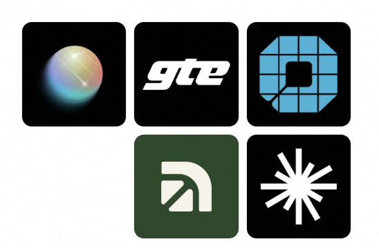 A collection of five app icons on black backgrounds, including a colorful sphere, the white 'gte' logo, a blue geometric grid, a green icon with a white arch, and a white starburst symbol.