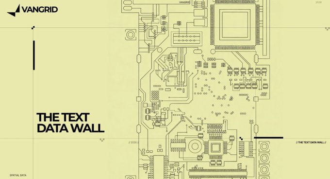 Graphic titled 'THE TEXT DATA WALL' featuring a VANGRID logo and a circuit board-style design on a cream background with the text 'SPATIAL DATA'.