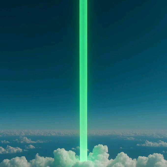 An atmospheric artwork showing a bright green vertical light beam piercing through clouds against a dark teal sky.