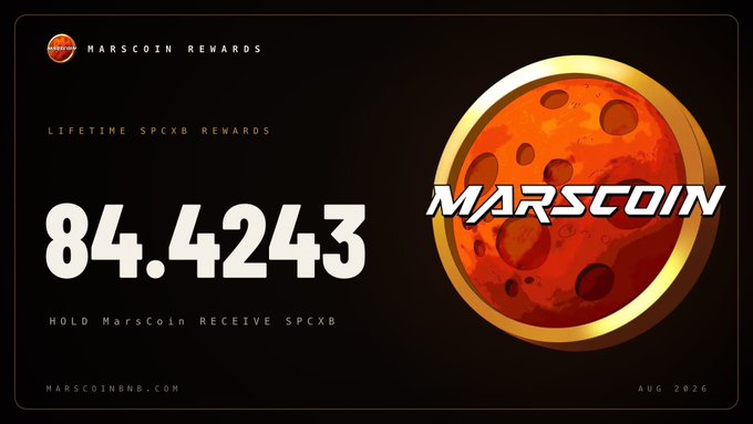 This image showcases "MarsCoin Rewards" with "84.4243" as lifetime SPCXB rewards, a concept that ties into the accompanying post's mention of $MARSCOIN as a high-conviction token on BSC. The visual prominently features the "MarsCoin" logo and the date "AUG 2026".