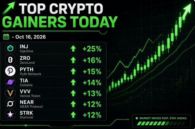 A 'TOP CRYPTO GAINERS TODAY' infographic dated Oct 16, 2026, listing INJ (+25%), ZRO (+16%), PYTH (+15%), TIA (+14%), VVV (+13%), NEAR (+12%), and STRK (+12%) alongside an ascending green candlestick chart.