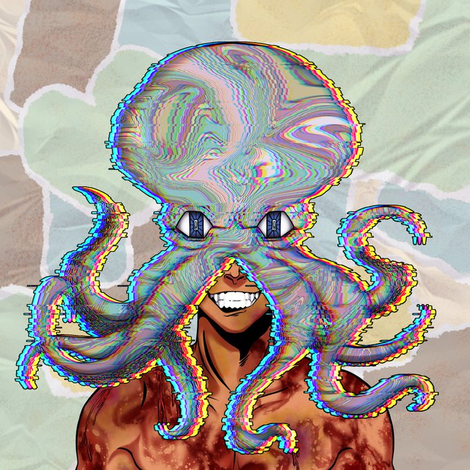 A muscular figure is depicted with a stylized octopus head featuring prominent, expressive eyes and tentacles, all rendered with a vibrant, glitch-effect rainbow color distortion overlay. The image relates to the post by showcasing the glitched aesthetic of the BLOP World V2 NFT, an Algorand-based digital collectible acquired through the Down Bad algorithm, with the visible "#BLOPnft" and "#Algorand" hashtags referencing the NFT project and blockchain platform.
