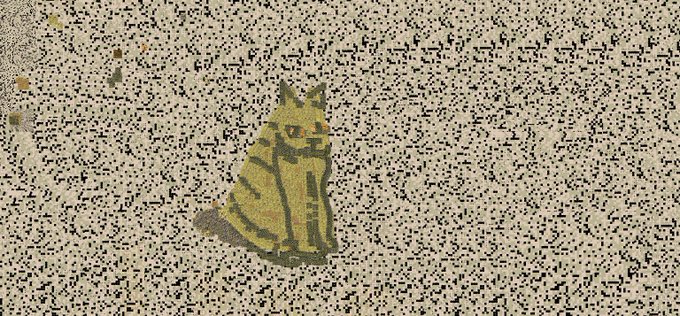 A pixelated or stylized image of a green tabby cat sitting against a heavily speckled, noisy black and white background.