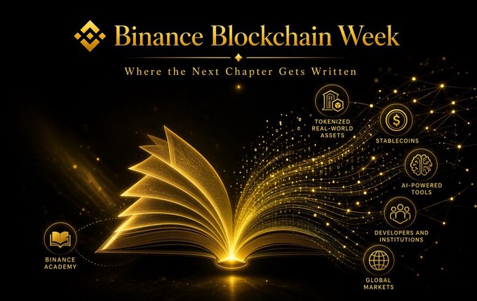 The image is a promotional graphic for "Binance Blockchain Week" featuring the tagline "Where the Next Chapter Gets Written," with a glowing golden open book emitting streams of light and data that connect to icons representing key themes: Binance Academy, Tokenized Real-World Assets, Stablecoins, AI-Powered Tools, Developers and Institutions, and Global Markets. The open book metaphor visually reinforces the post's message of "drafting finance's tomorrow," symbolizing how the event brings together the crypto community to write the next chapter of decentralized finance through these highlighted pillars of innovation.