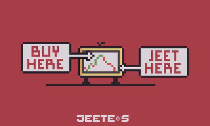 A pixel-art illustration on a red background showing a TV displaying a stock chart, with buttons labeled 'BUY HERE' and 'JEET HERE,' branded 'JEETEOS' at the bottom.