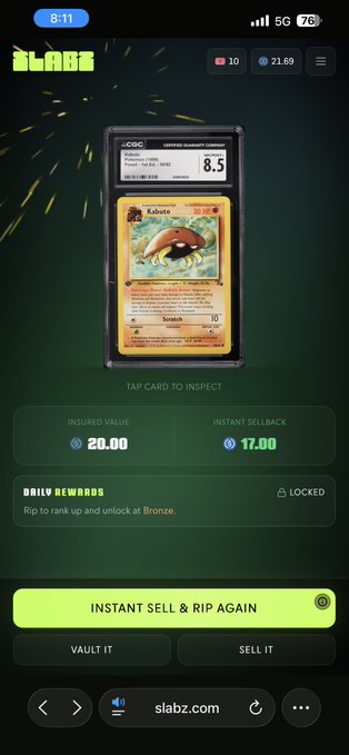 A mobile screenshot from slabz.com displaying a CGC-graded Kabuto Pokémon card (rated 8.5) with an insured value of 20.00, instant sellback of 17.00, and options to 'Vault It' or 'Sell It'.