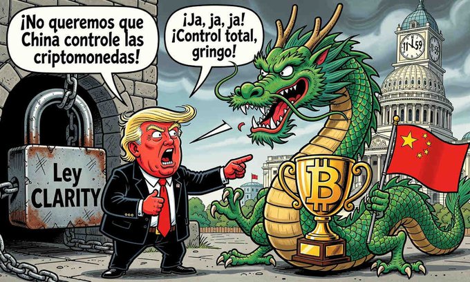A political cartoon shows a cartoon Trump pointing at a green Chinese dragon holding a Bitcoin trophy and Chinese flag, with speech bubbles reading "¡No queremos que China controle las criptomonedas!" and "¡Ja, ja, ja! ¡Control total, gringo!", alongside a padlock labeled "Ley CLARITY." The satirical image visually reinforces the post's warning that U.S. inaction on crypto regulation (the "CLARITY Act") could allow China to dominate the cryptocurrency space.