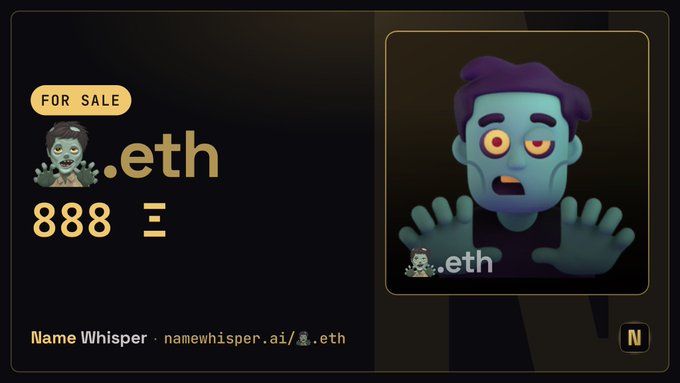 A promotional graphic for 'Name Whisper' displays a 3D cartoon zombie character with 'FOR SALE .eth' and '888 =' on the left, alongside the namewhisper.ai website URL.