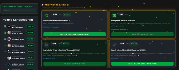 A dashboard titled 'TESTNET IS LIVE!' showing a 'POINTS LEADERBOARD' with ranked usernames and points, alongside task cards like 'Rocket Comet Leaderboard' and 'Connect IDN Wallet on Launchpad'.