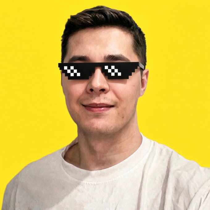 A man wearing a white t-shirt and pixelated 'deal with it' style sunglasses smirks against a bright yellow background.