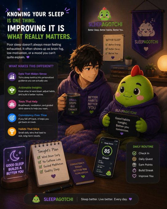 A vibrant promotional graphic for **Sleepagotchi** features a character holding a green sleep-themed mascot wearing a purple "SLEEPAGOTCHI" hoodie, alongside a glowing "Sleep Score 85" phone display, a "Tonight's Plan" checklist, and a "Daily Routine" tracker. The image ties directly to the post's message about transforming sleep data into lasting habits, showcasing features like "Consistency Over Time" and "Habits That Stick" with the tagline "Better Sleep. Better Habits. Better You."