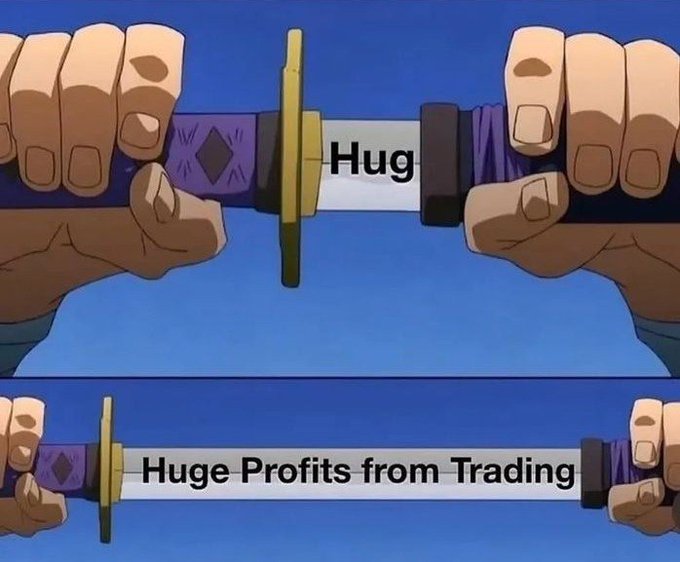 Two fists hold a sword labeled "Hug" tightly in its sheath, but when the sword is drawn, the blade reveals the text "Huge Profits from Trading," humorously suggesting that financial trading success is an even more powerful mood-booster than affection.