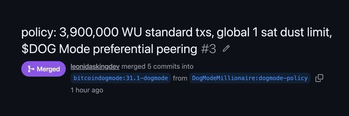 A GitHub pull request titled 'policy: 3,900,000 WU standard txs, global 1 sat dust limit, $DOG Mode preferential peering #3' that was merged by leonidaskingdev.