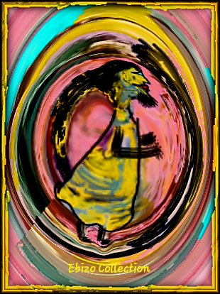 A swirling, psychedelic portrait of a figure with dark hair in a yellow dress, framed by a colorful border with the text 'Ebizo Collection' at the bottom.