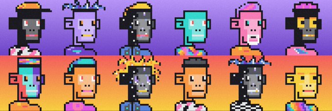 A pixel art illustration showing two rows of six colorful monkey-style characters against purple and orange gradient backgrounds.