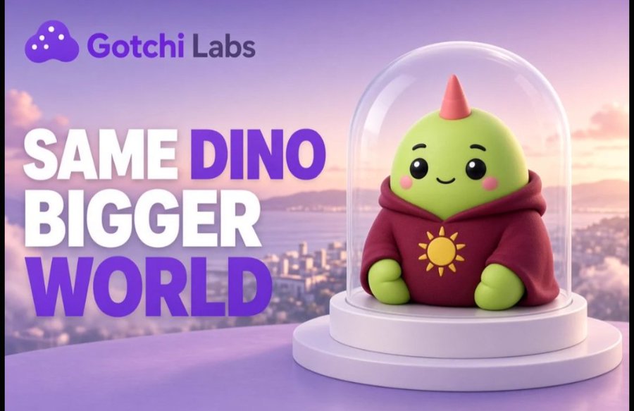 Promotional graphic for Gotchi Labs featuring a cute green dinosaur character in a maroon hoodie under a glass dome, with the text 'SAME DINO BIGGER WORLD' against a purple cityscape background.