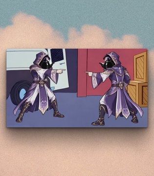 An illustration showing two figures in purple hooded robes and black plague doctor-style masks pointing guns at each other in a standoff.