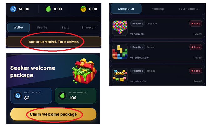 Three screenshots from a crypto gaming app showing a vault setup prompt, a 'Seeker welcome package' offering $2 USDC and 100 SLIME bonus, and a completed matches history with losses marked.