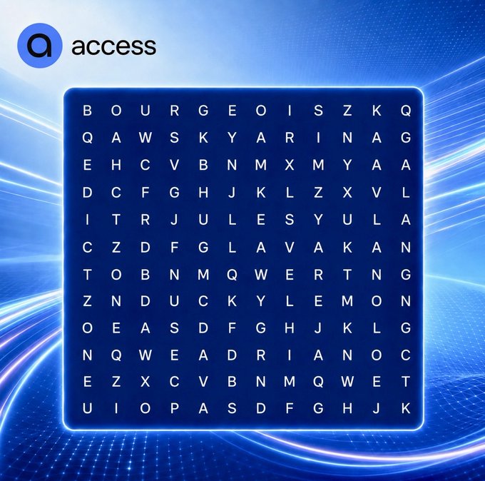This is a word search puzzle featuring "Access" and hidden creator names like "Jules" and "Lemon." The puzzle is part of a contest to find creators and win $ACS.