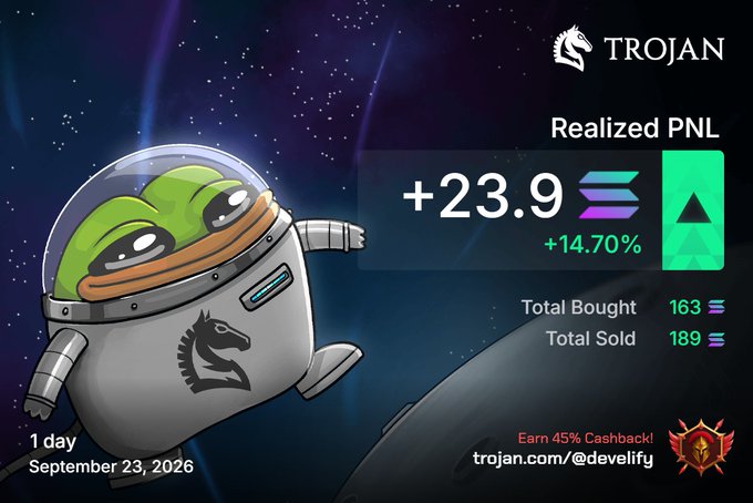 A promotional graphic for 'TROJAN' featuring an astronaut Pepe character, displaying 'Realized PNL +23.9 +14.70%' with 'Total Bought 163' and 'Total Sold 189', dated September 23, 2026, with a referral link to trojan.com/@develify.