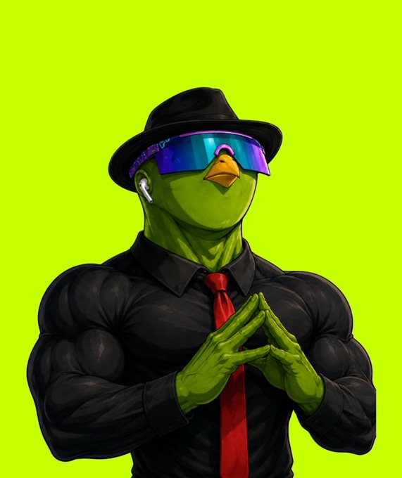 A digital illustration of a muscular anthropomorphic green duck/bird wearing a black fedora, purple reflective sunglasses, a black shirt, and red tie, with hands clasped together against a bright green background.