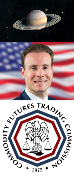 A composite image featuring Saturn at the top, a man's portrait in front of an American flag in the middle, and the Commodity Futures Trading Commission seal (dated 1975) at the bottom.
