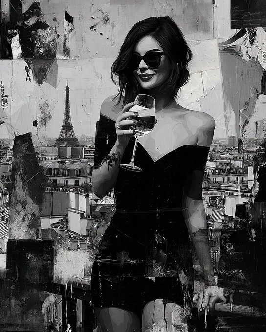 A stylized black-and-white illustration portrays a woman in a black off-shoulder dress and sunglasses holding a wine glass, set against a Parisian backdrop featuring the Eiffel Tower.