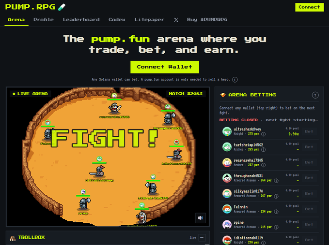 The image shows the PUMP.RPG arena platform interface, featuring a pixel-art fighting ring for Match #2063 with the word "FIGHT!" displayed, alongside an Arena Betting panel listing combatants like ultrnash4wy and tartshiqip1562 with their pre stats (up to 285 PnL and 4.33 PnL). This visually supports the post's claim that Pump.fun traders are transformed into RPG heroes whose trading performance (PnL, volume, win rate) determines their in-game battle stats, blending crypto trading with PvP gaming culture.